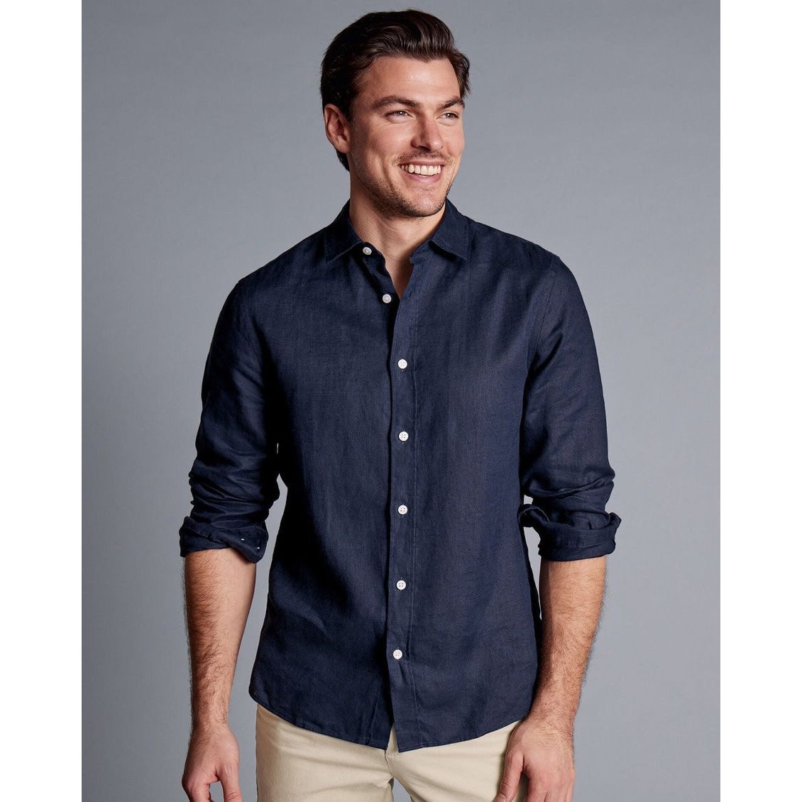 Charles Tyrwhitt Slim Fit Long Sleeve Linen Button-Front Shirt Navy Large